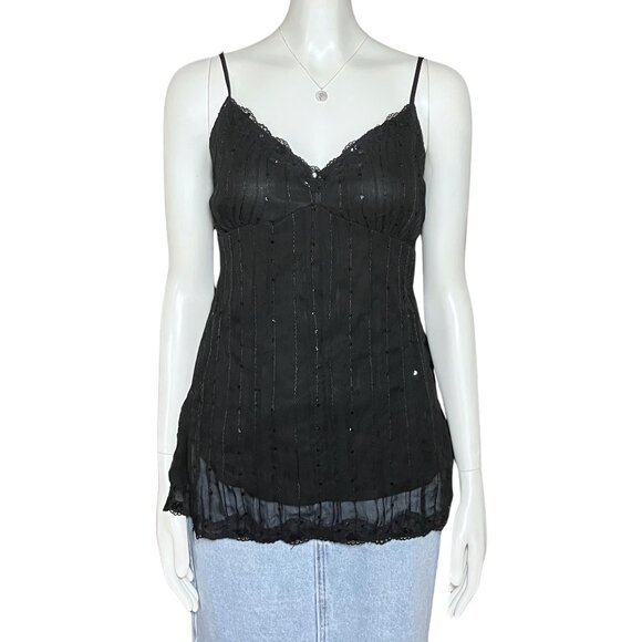 Vintage Y2K Black Whimsigoth Going Out Top Sequins Lace Cami. M/L. Fairy Grunge - Picture 1 of 9